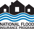 logo of national flood insurance program with 3 black houses with waves of water underneath them